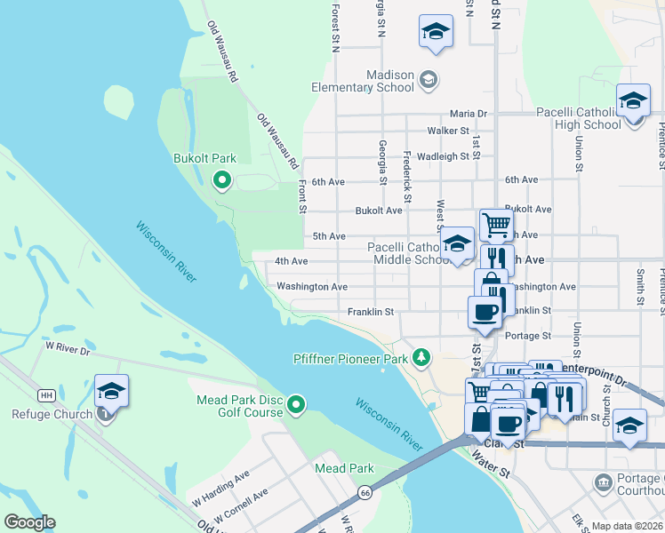 map of restaurants, bars, coffee shops, grocery stores, and more near 624 Forest Street in Stevens Point