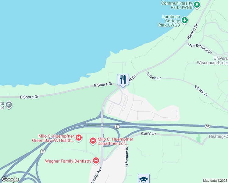 map of restaurants, bars, coffee shops, grocery stores, and more near 2206 Nicolet Drive in Green Bay
