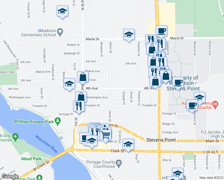 map of restaurants, bars, coffee shops, grocery stores, and more near 703 Union Street in Stevens Point
