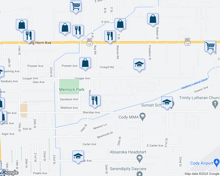 map of restaurants, bars, coffee shops, grocery stores, and more near 2719 West Avenue in Cody