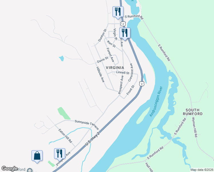 map of restaurants, bars, coffee shops, grocery stores, and more near 824 Spring Avenue in Rumford