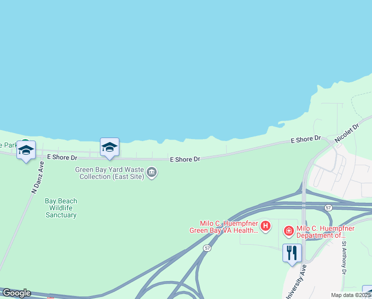 map of restaurants, bars, coffee shops, grocery stores, and more near 2629 East Shore Drive in Green Bay