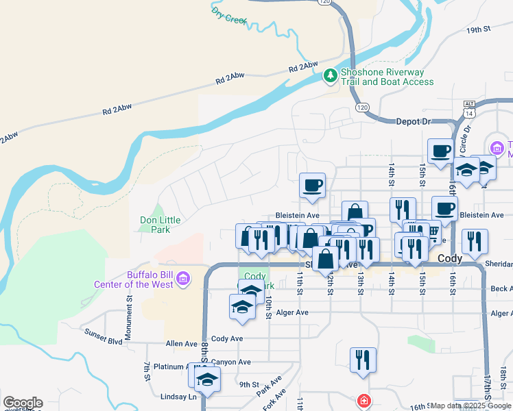 map of restaurants, bars, coffee shops, grocery stores, and more near 1002 Canyon View Avenue in Cody
