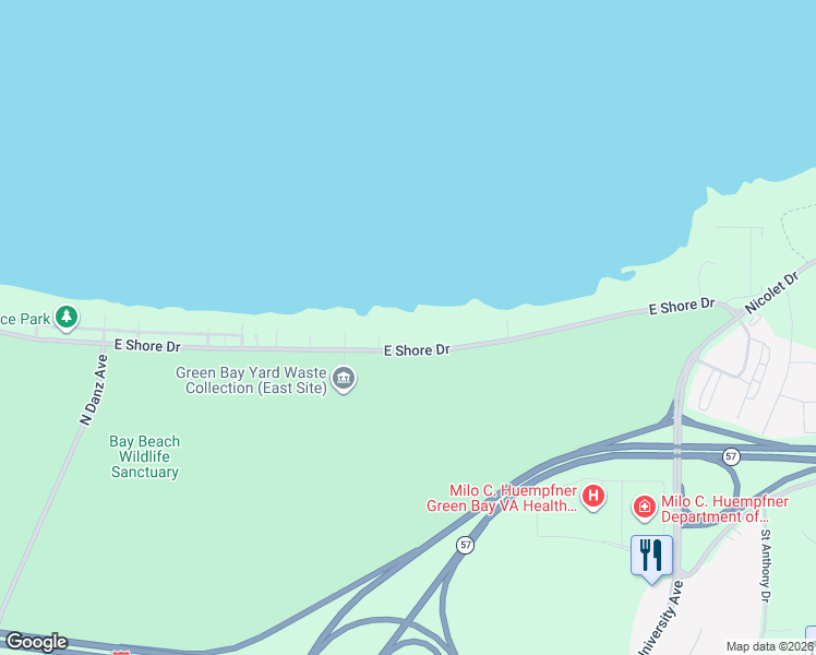map of restaurants, bars, coffee shops, grocery stores, and more near 2629 East Shore Drive in Green Bay