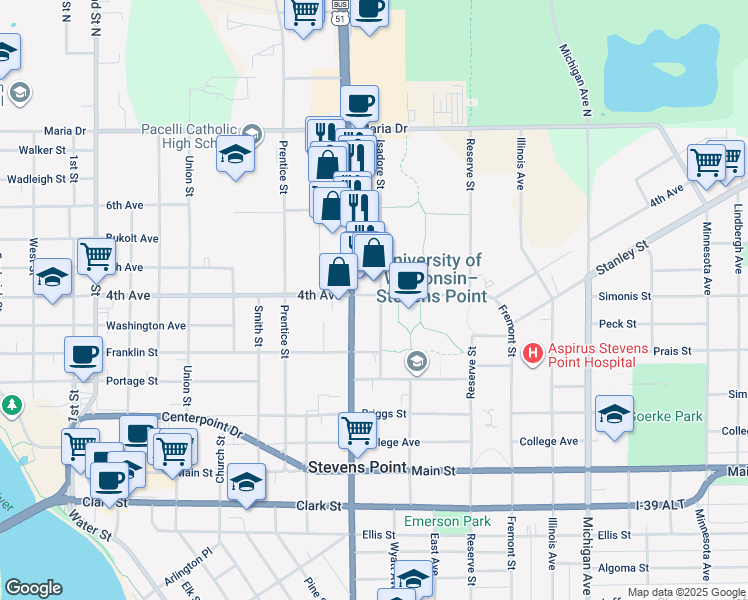 map of restaurants, bars, coffee shops, grocery stores, and more near 1725 4th Avenue in Stevens Point