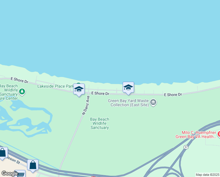 map of restaurants, bars, coffee shops, grocery stores, and more near 2309 Lakeside Place in Green Bay