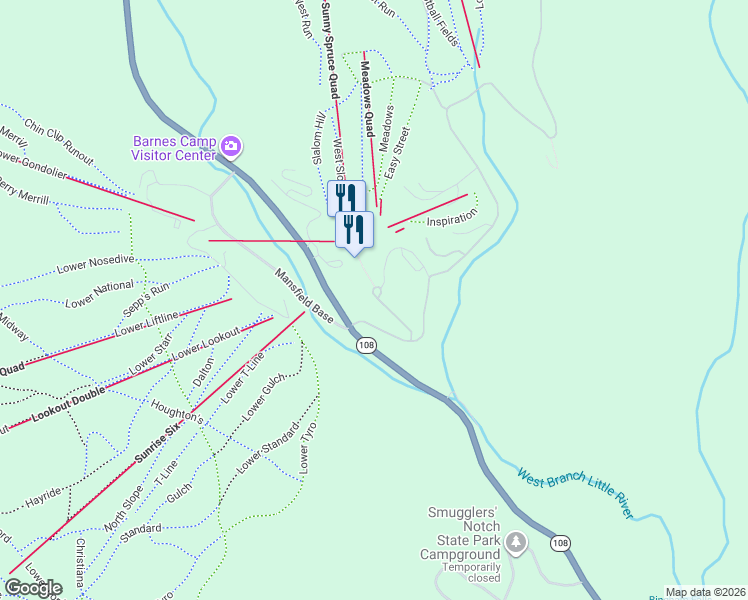 map of restaurants, bars, coffee shops, grocery stores, and more near 7324 Mountain Road in Stowe