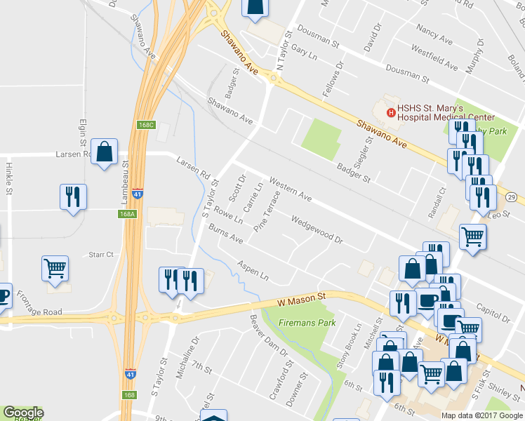 map of restaurants, bars, coffee shops, grocery stores, and more near 506 Pine Terrace in Green Bay
