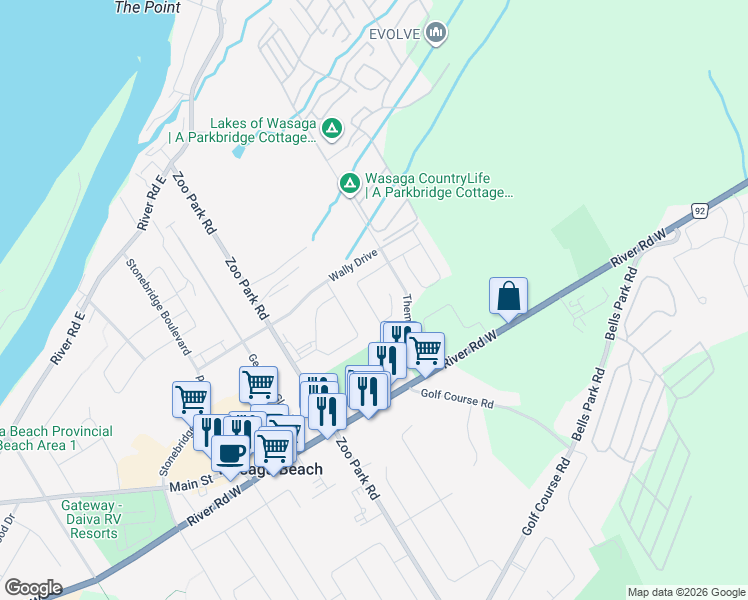 map of restaurants, bars, coffee shops, grocery stores, and more near 47 Clover Crescent in Wasaga Beach
