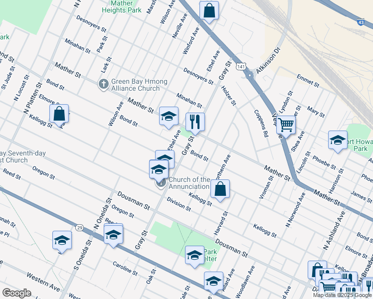 map of restaurants, bars, coffee shops, grocery stores, and more near 598 Gray Street in Green Bay