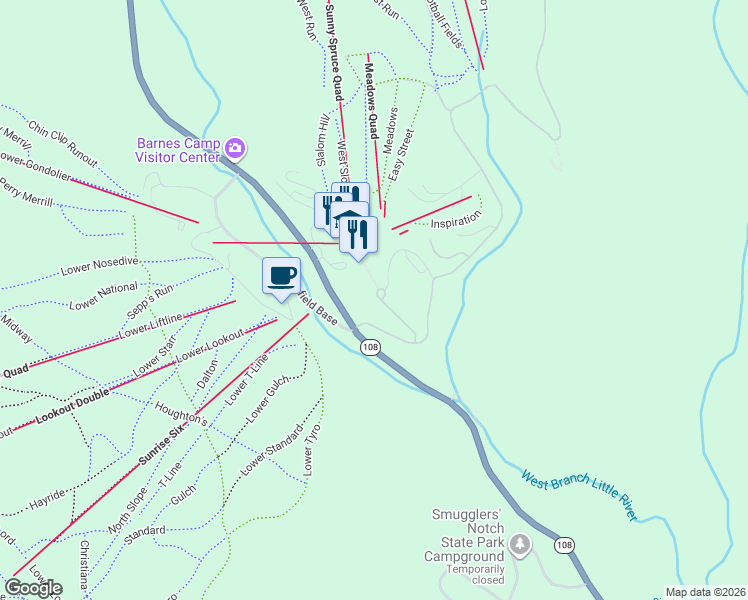 map of restaurants, bars, coffee shops, grocery stores, and more near 7324 Mountain Road in Stowe
