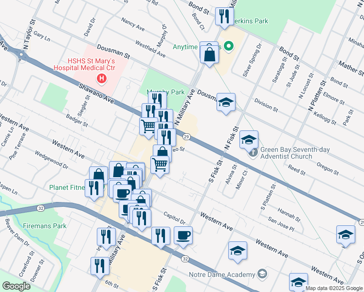 map of restaurants, bars, coffee shops, grocery stores, and more near 1540 Leo Street in Green Bay