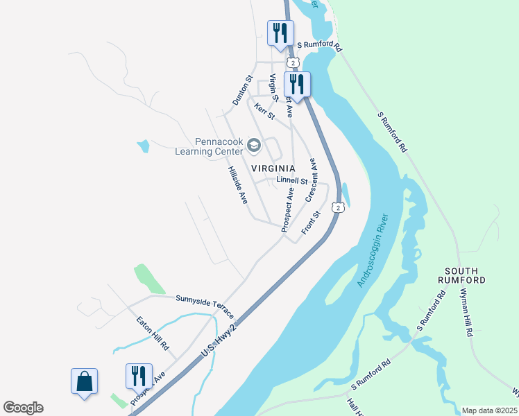 map of restaurants, bars, coffee shops, grocery stores, and more near 824 Spring Avenue in Rumford