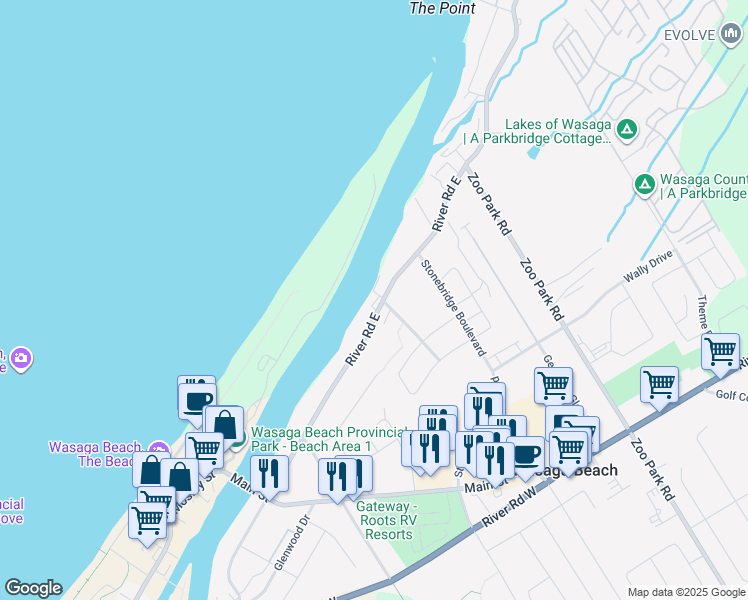 map of restaurants, bars, coffee shops, grocery stores, and more near 194 River Road East in Wasaga Beach