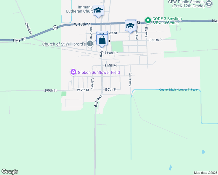 map of restaurants, bars, coffee shops, grocery stores, and more near 710 Allen Avenue in Gibbon