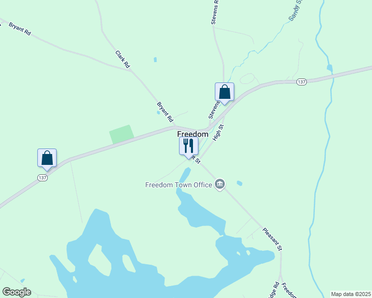 map of restaurants, bars, coffee shops, grocery stores, and more near 21 Pleasant Street in Freedom