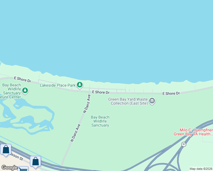 map of restaurants, bars, coffee shops, grocery stores, and more near 2309 Lakeside Place in Green Bay