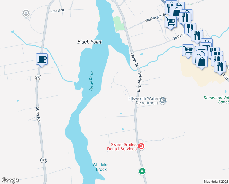 map of restaurants, bars, coffee shops, grocery stores, and more near 41 Tinker Farm Way in Ellsworth
