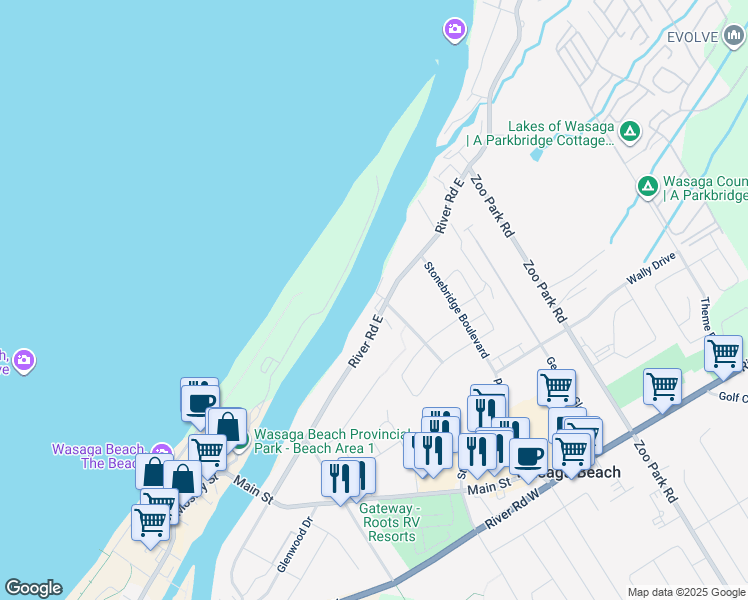 map of restaurants, bars, coffee shops, grocery stores, and more near 194 River Road East in Wasaga Beach