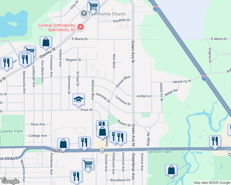 map of restaurants, bars, coffee shops, grocery stores, and more near 617 Sunset Boulevard in Stevens Point