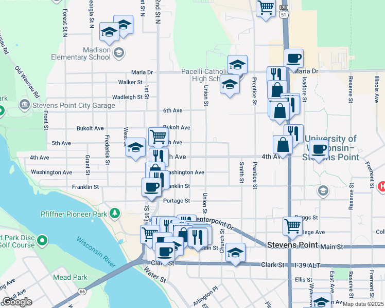 map of restaurants, bars, coffee shops, grocery stores, and more near 1100 4th Avenue in Stevens Point