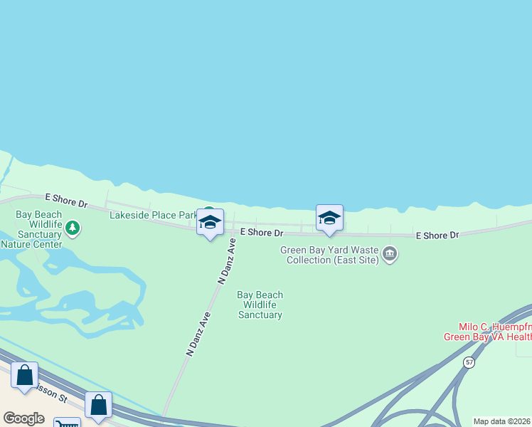 map of restaurants, bars, coffee shops, grocery stores, and more near 2249 Lakeside Place in Green Bay