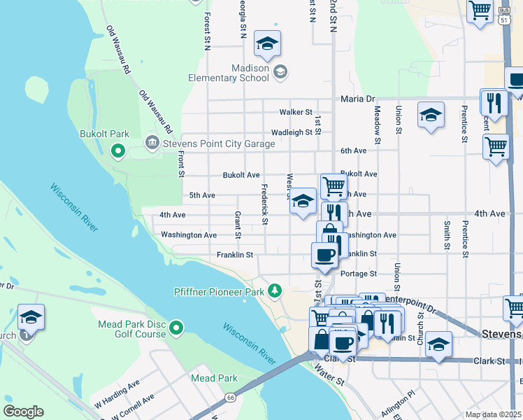 map of restaurants, bars, coffee shops, grocery stores, and more near 534 4th Avenue in Stevens Point
