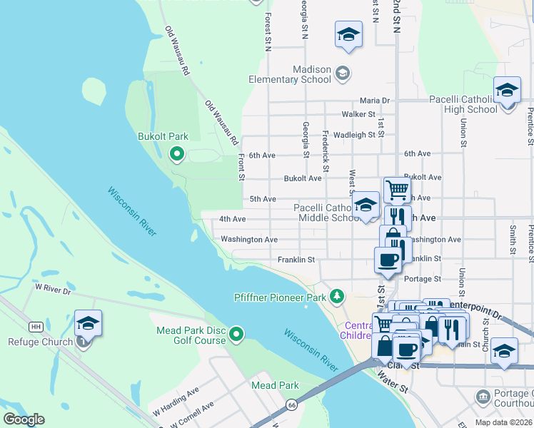 map of restaurants, bars, coffee shops, grocery stores, and more near 624 Forest Street in Stevens Point