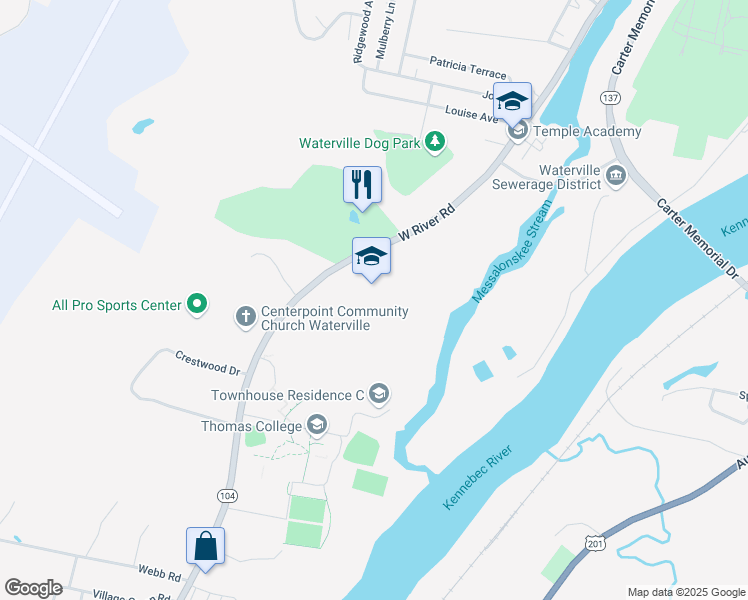 map of restaurants, bars, coffee shops, grocery stores, and more near 100 West River Road in Waterville