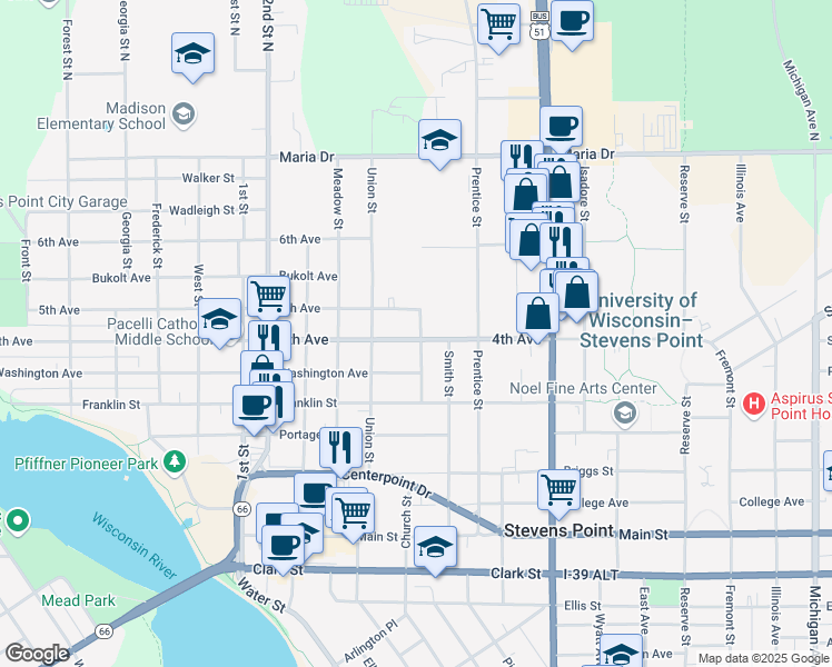 map of restaurants, bars, coffee shops, grocery stores, and more near 1256 4th Avenue in Stevens Point