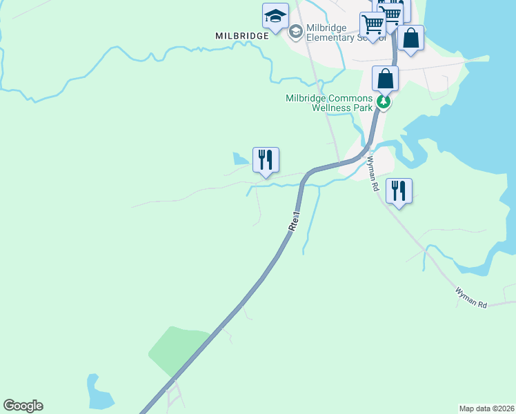 map of restaurants, bars, coffee shops, grocery stores, and more near 55 High Street in Milbridge