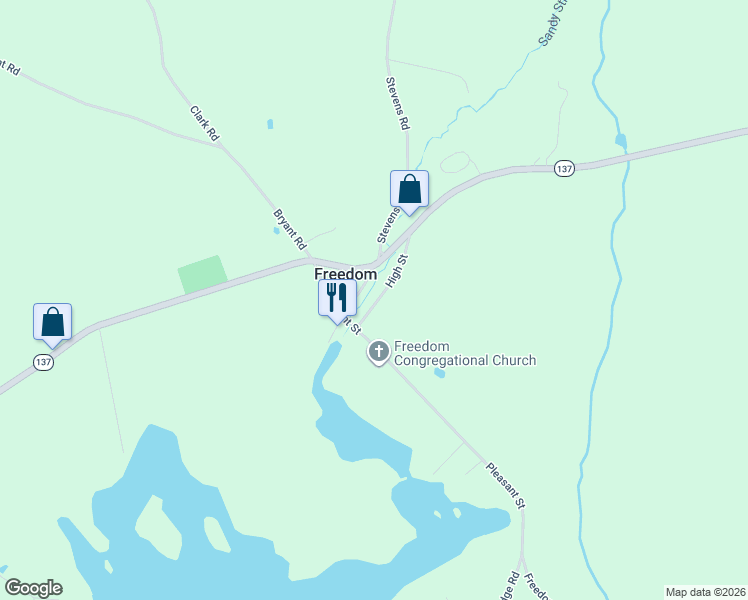 map of restaurants, bars, coffee shops, grocery stores, and more near 33 High Street in Freedom