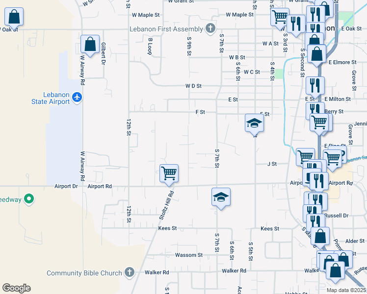map of restaurants, bars, coffee shops, grocery stores, and more near 1796 South 9th Street in Lebanon