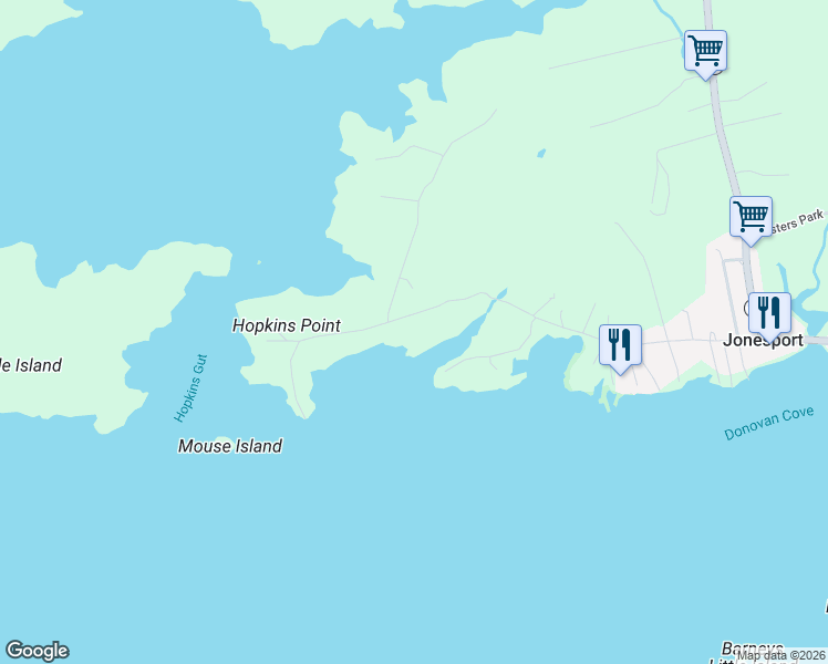 map of restaurants, bars, coffee shops, grocery stores, and more near Hopkins Point Road in Jonesport
