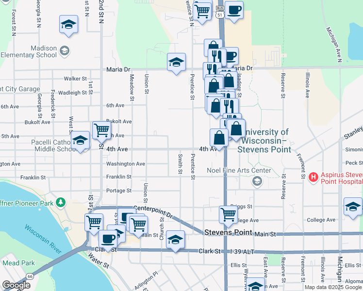 map of restaurants, bars, coffee shops, grocery stores, and more near 1400 4th Avenue in Stevens Point