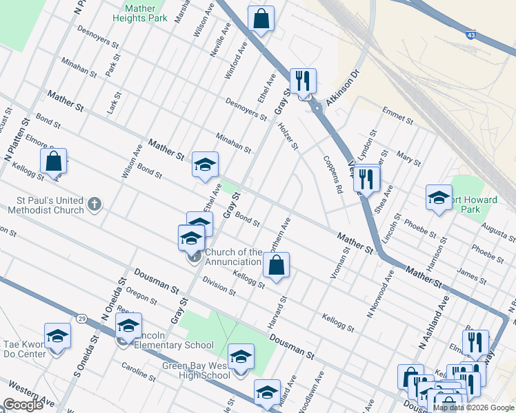 map of restaurants, bars, coffee shops, grocery stores, and more near 618 Roy Ave in Green Bay
