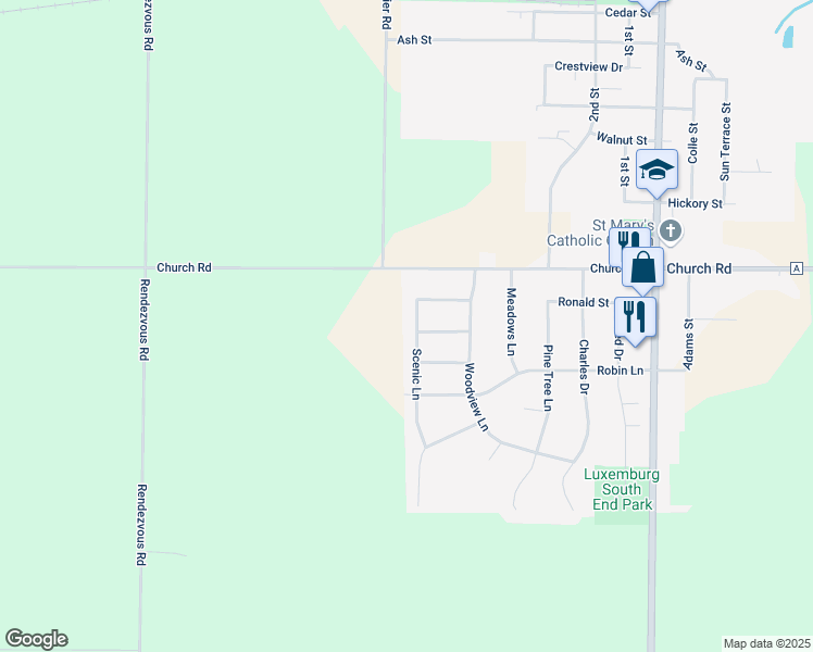 map of restaurants, bars, coffee shops, grocery stores, and more near 1613 Scenic Lane in Luxemburg
