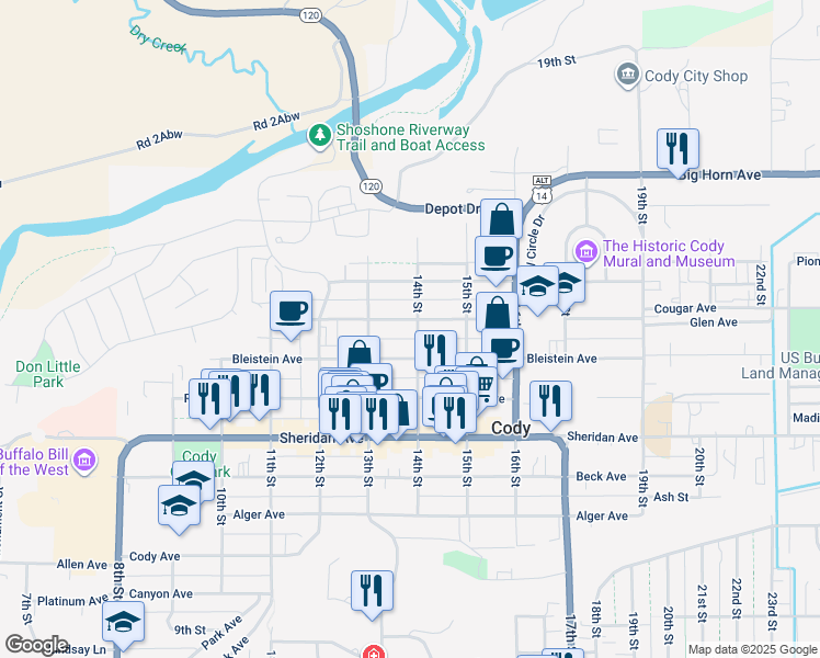 map of restaurants, bars, coffee shops, grocery stores, and more near 813 14th Street in Cody