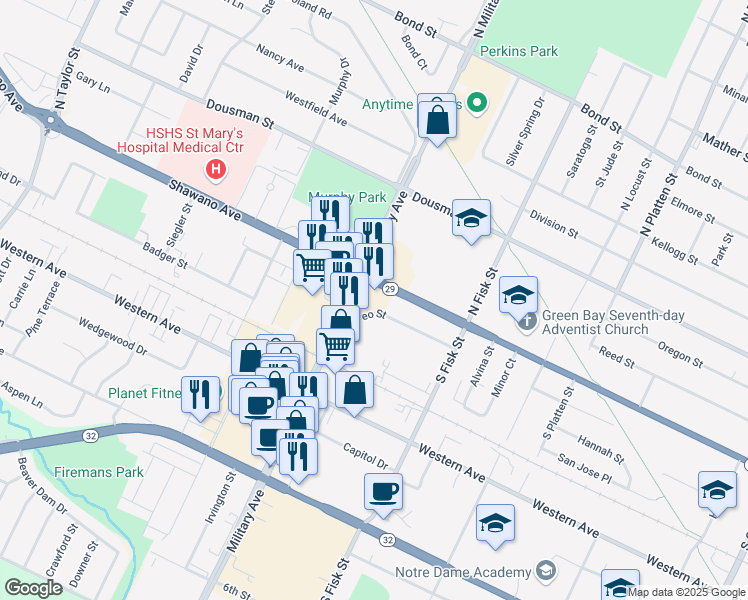 map of restaurants, bars, coffee shops, grocery stores, and more near 1540 Leo Street in Green Bay