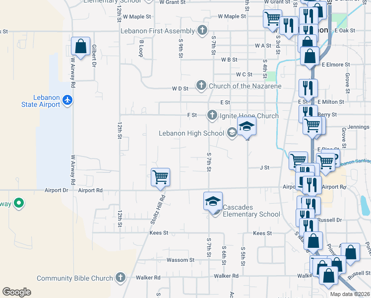 map of restaurants, bars, coffee shops, grocery stores, and more near 1795 South 9th Street in Lebanon
