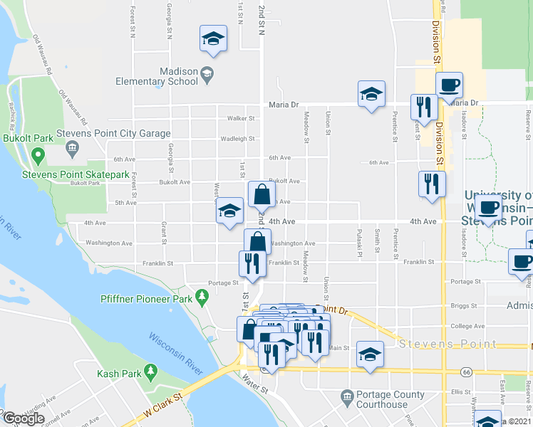map of restaurants, bars, coffee shops, grocery stores, and more near 617 2nd Street in Stevens Point