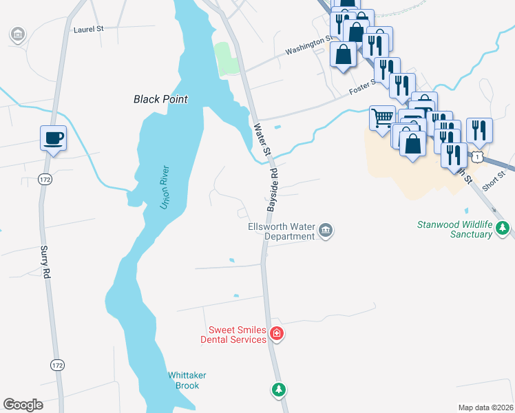 map of restaurants, bars, coffee shops, grocery stores, and more near 41 Tinker Farm Way in Ellsworth