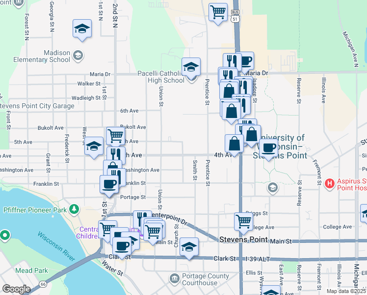 map of restaurants, bars, coffee shops, grocery stores, and more near 1256 4th Avenue in Stevens Point