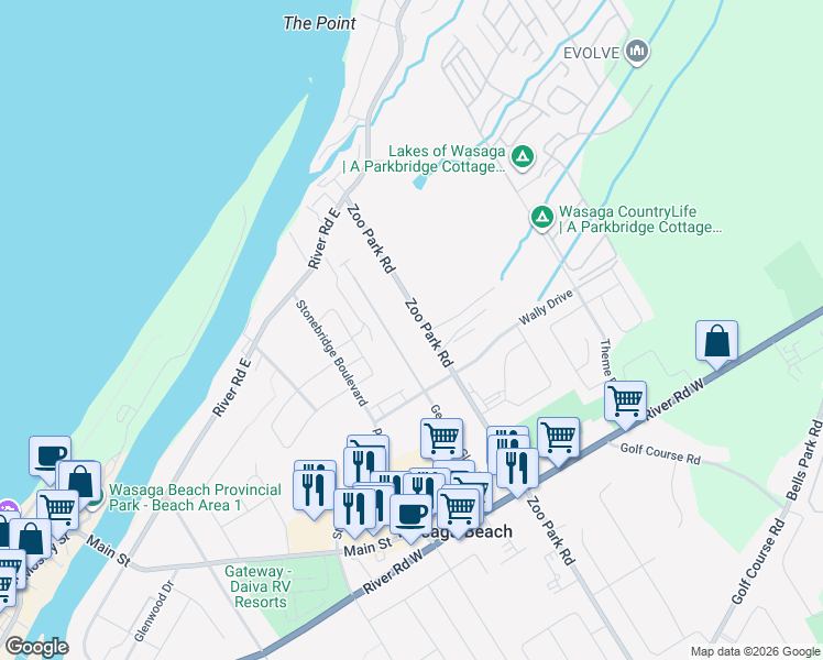 map of restaurants, bars, coffee shops, grocery stores, and more near 144 Zoo Park Road in Wasaga Beach