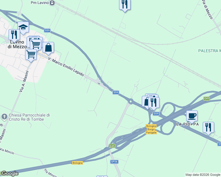 map of restaurants, bars, coffee shops, grocery stores, and more near 216 Via Marco Emilio Lepido in case sparse
