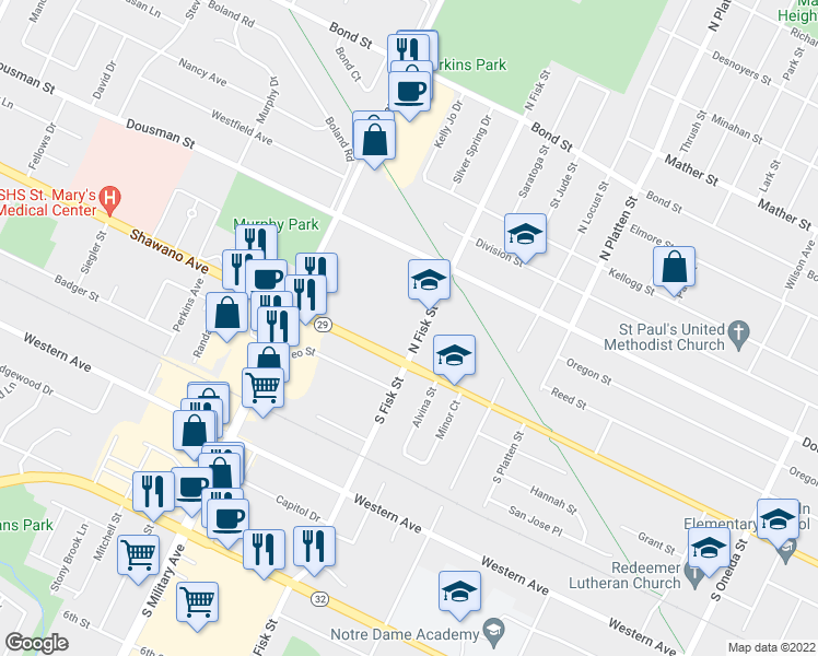 map of restaurants, bars, coffee shops, grocery stores, and more near 127 North Fisk Street in Green Bay