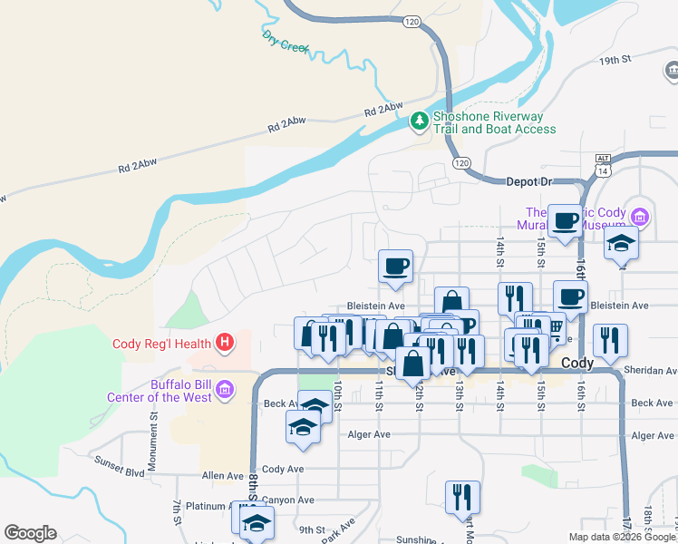 map of restaurants, bars, coffee shops, grocery stores, and more near 1002 Canyon View Avenue in Cody