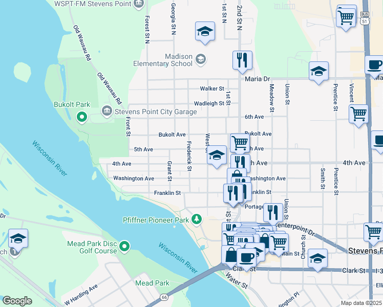 map of restaurants, bars, coffee shops, grocery stores, and more near 534 4th Avenue in Stevens Point
