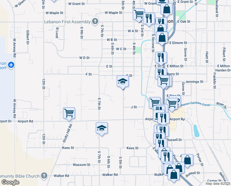 map of restaurants, bars, coffee shops, grocery stores, and more near 1700 South 5th Street in Lebanon