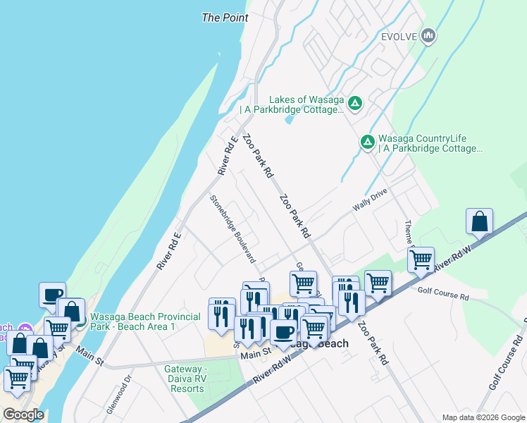 map of restaurants, bars, coffee shops, grocery stores, and more near 144 Zoo Park Road in Wasaga Beach